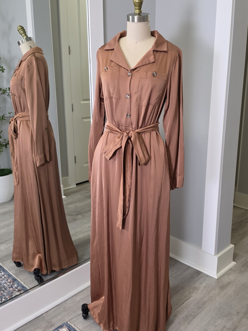 Long Silky Viscose Shirt Dress - Rust